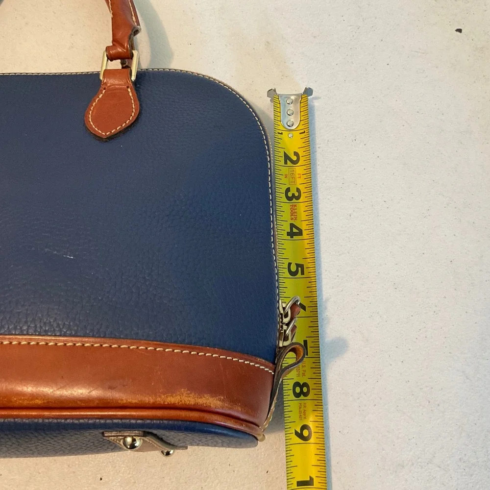Dooney & Bourke Navy Blue Pebbled Leather Zip Zip Satchel Bag with Brown Trim